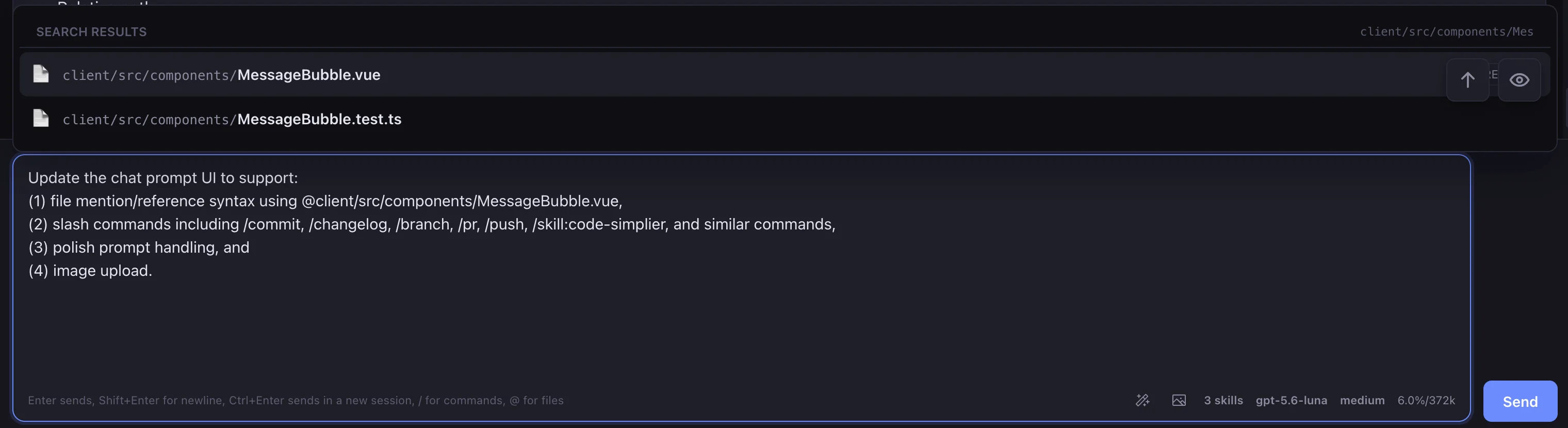 Pi WebUI message composer with commands and attachments