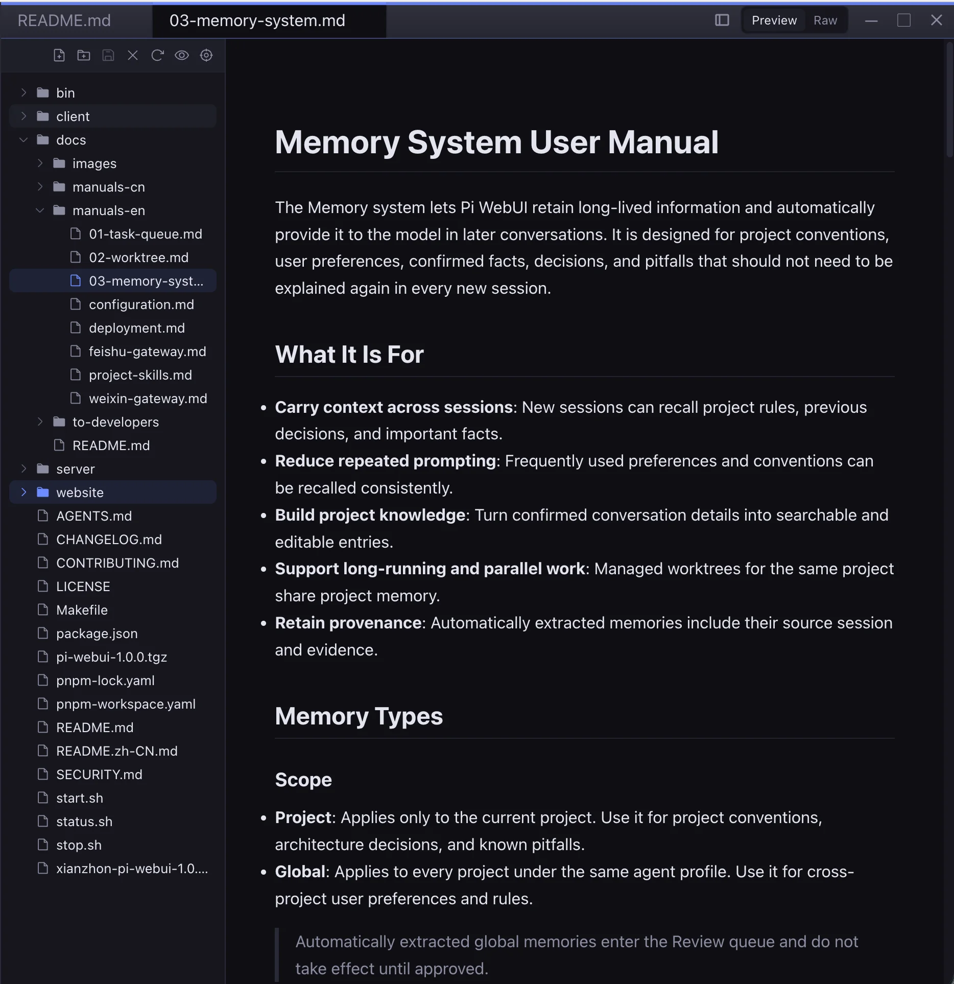 Pi WebUI editor with Markdown preview
