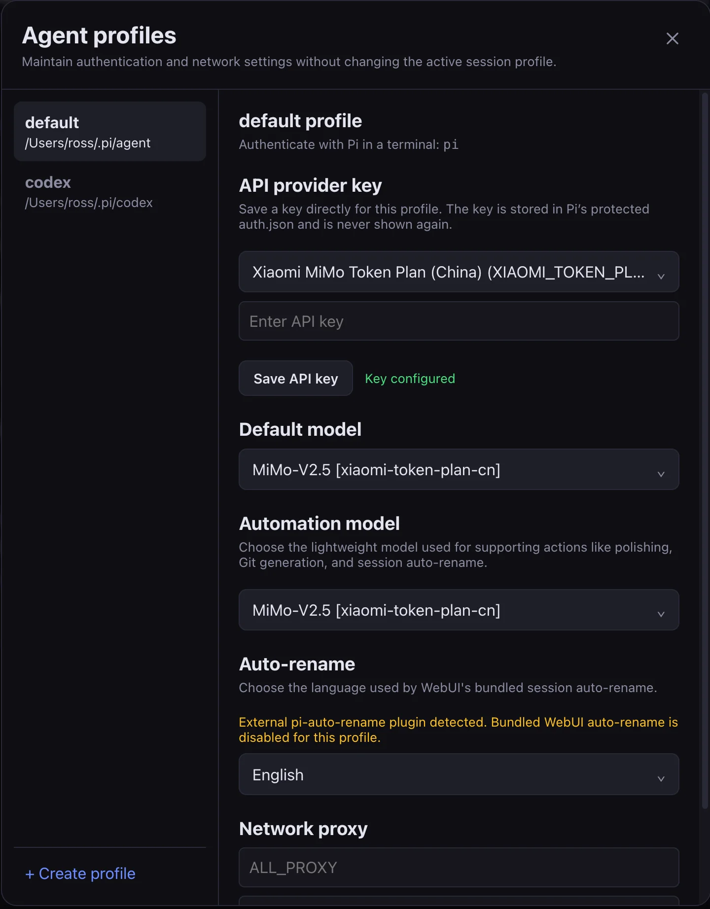 Agent profile provider settings