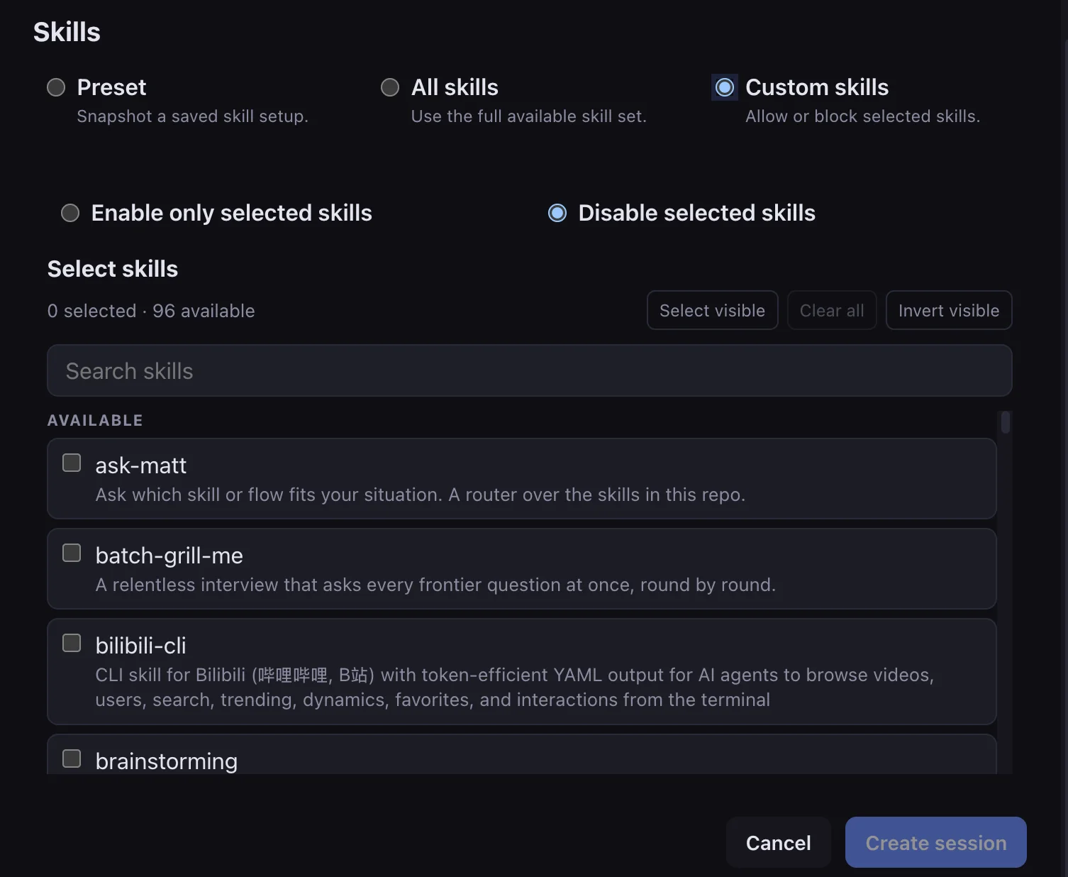 Custom skills selection for a new session