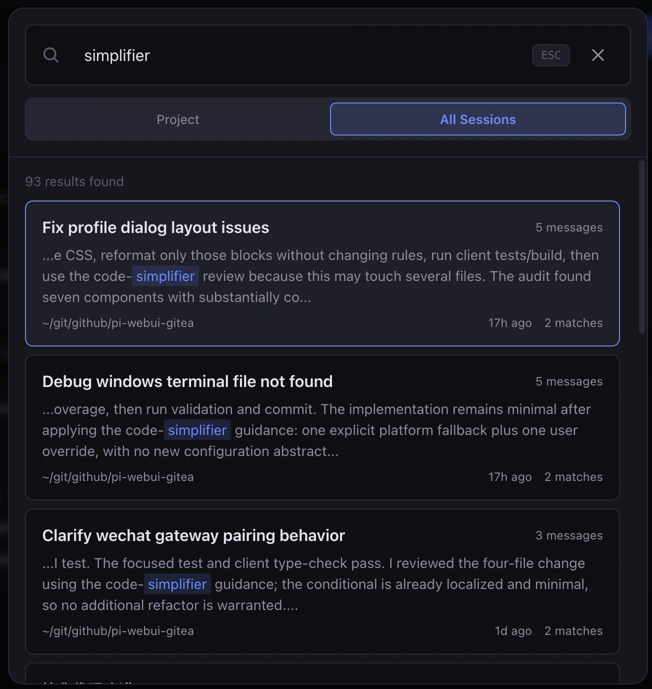 Session search in Pi WebUI