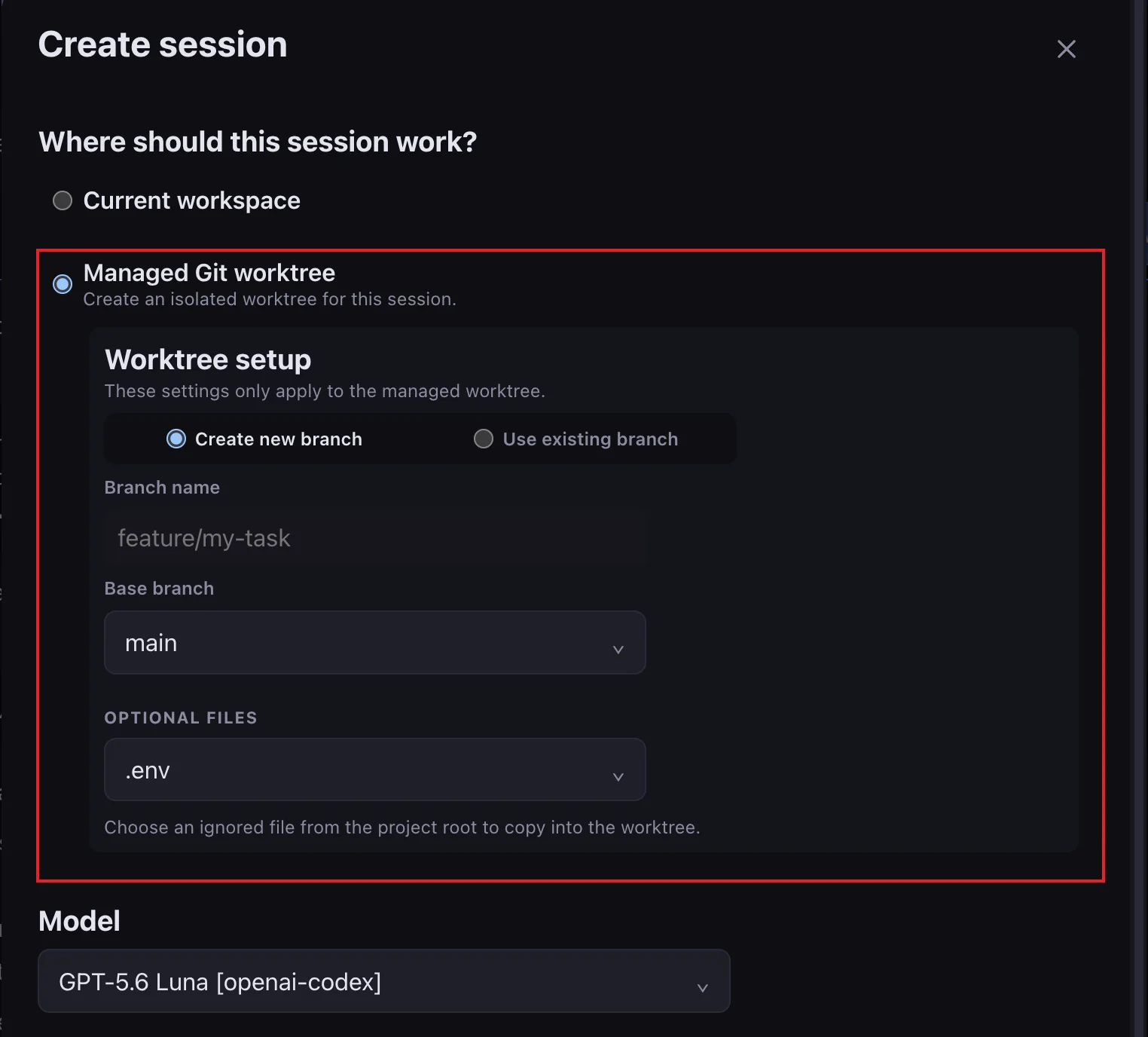 Worktree setup in the create session dialog