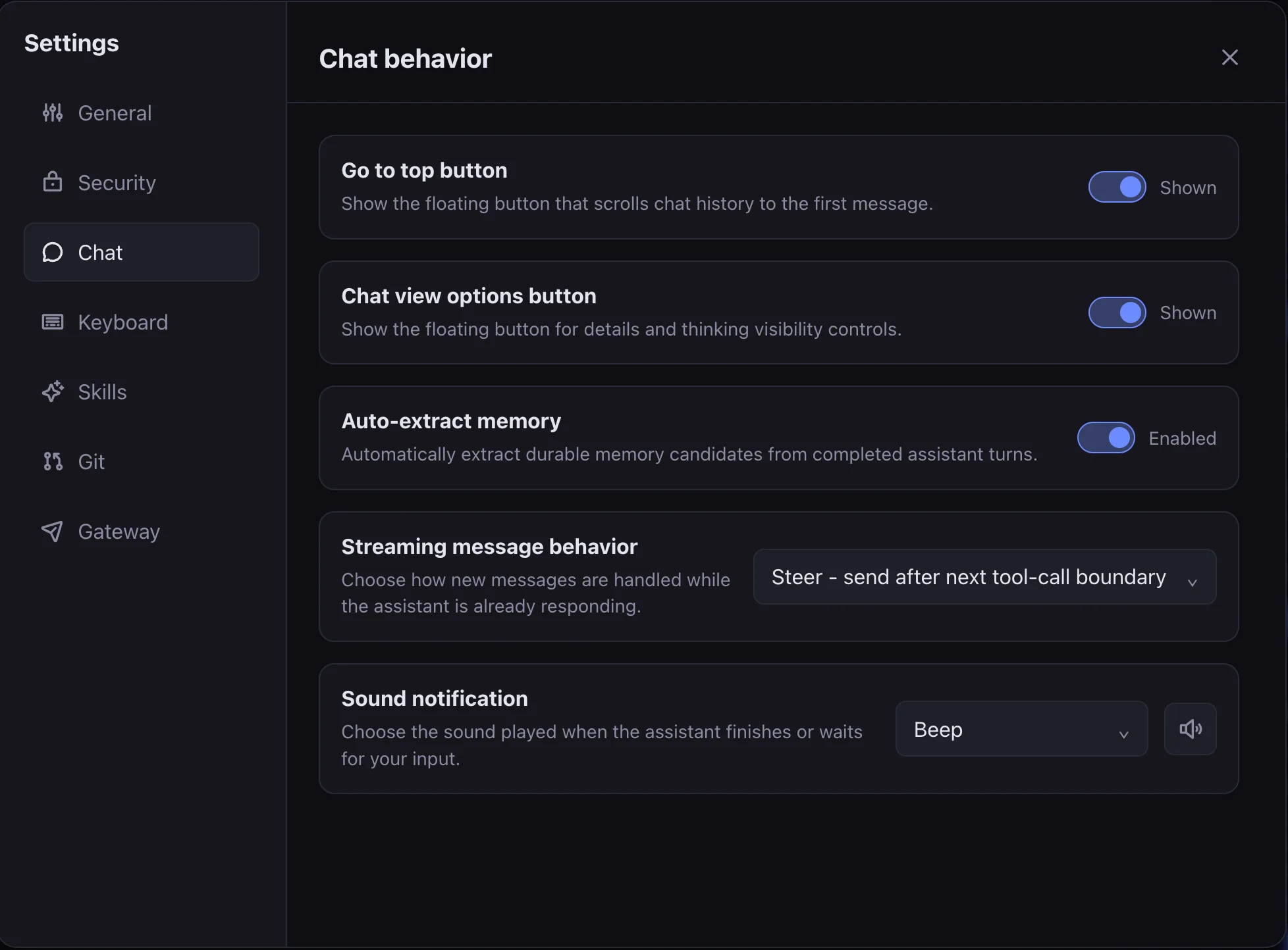 Pi WebUI chat settings