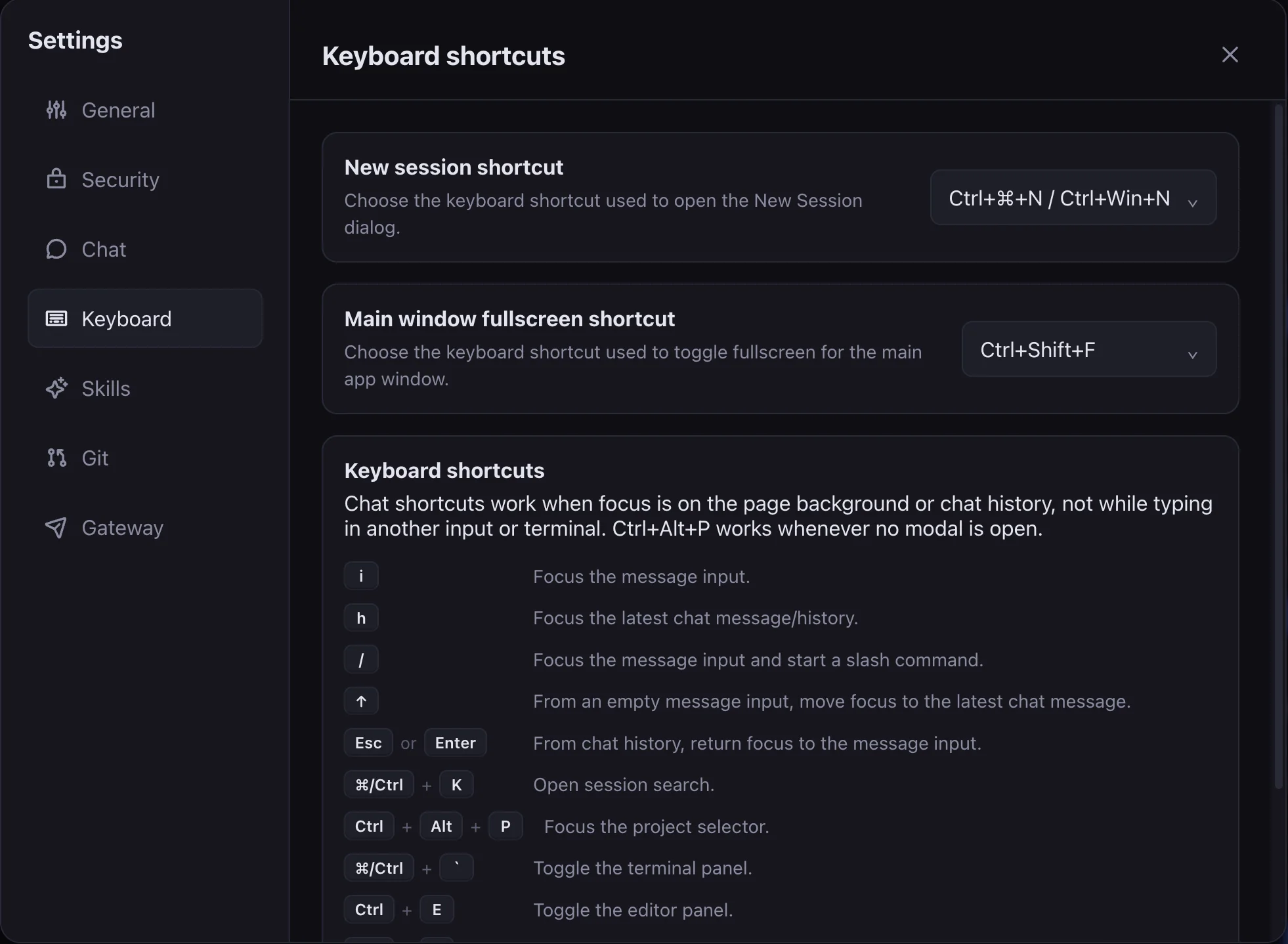 Pi WebUI keyboard shortcut settings