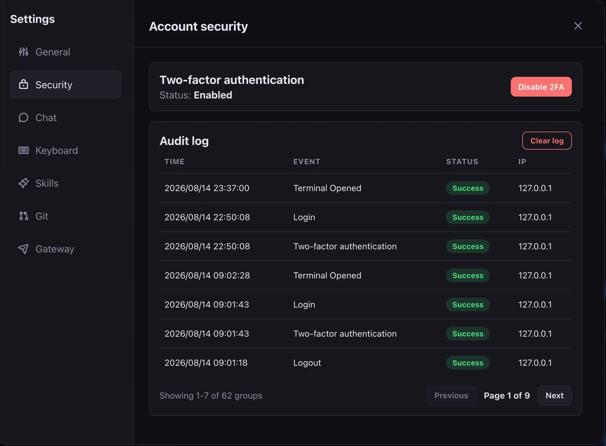 Pi WebUI security settings and audit log