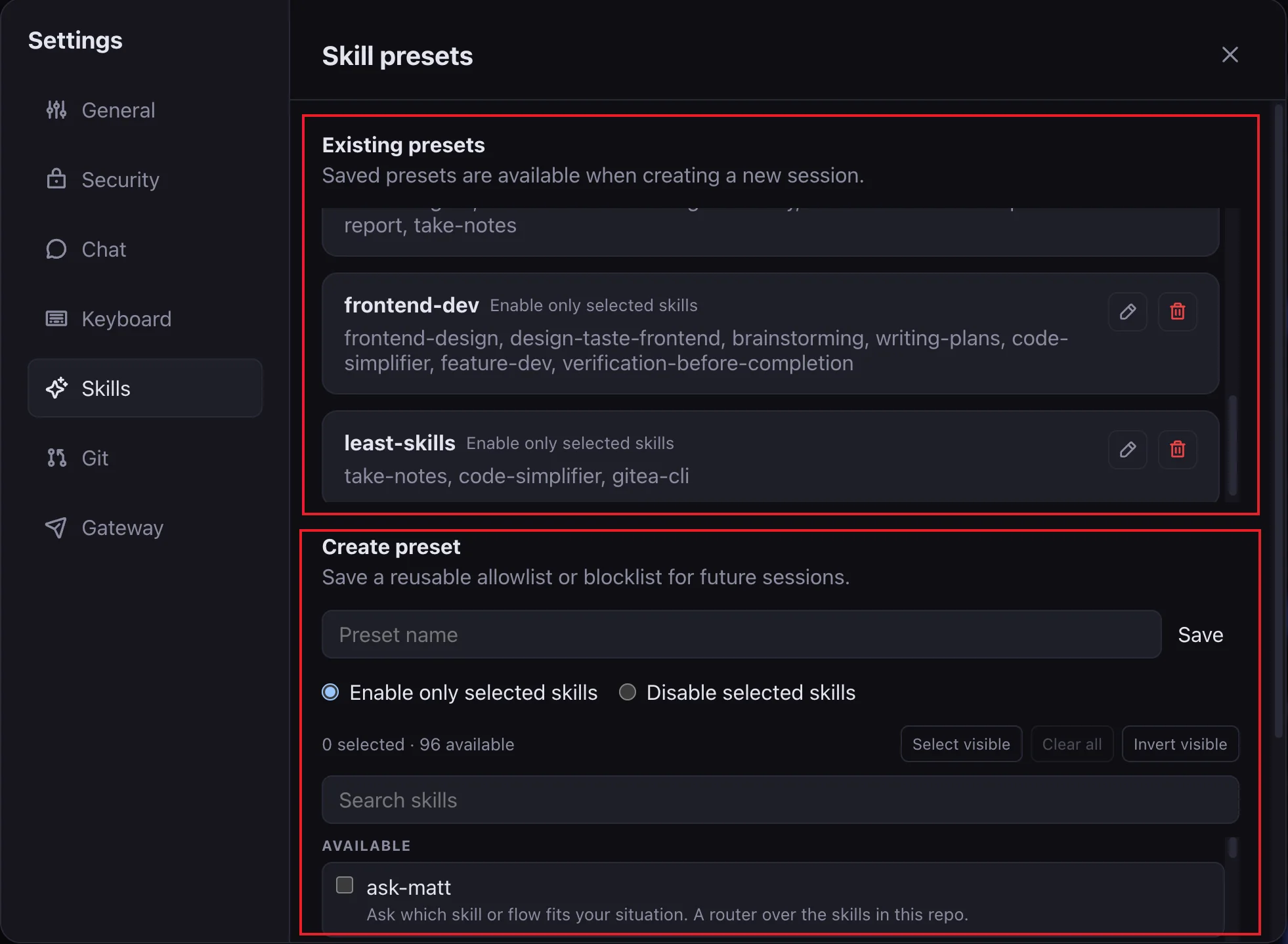 Pi WebUI skill presets settings
