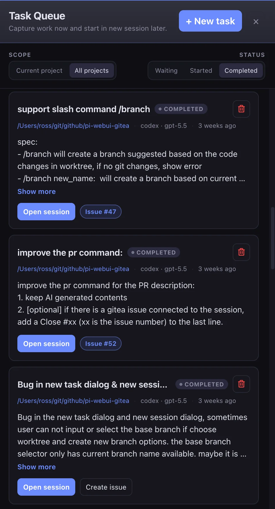 Completed tasks with session and issue links