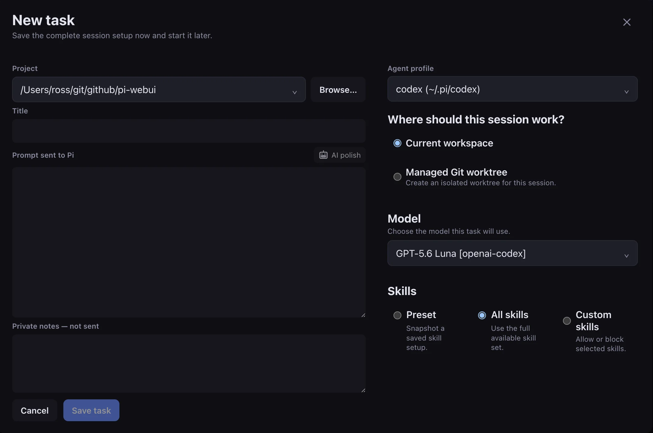 New task dialog in Pi WebUI