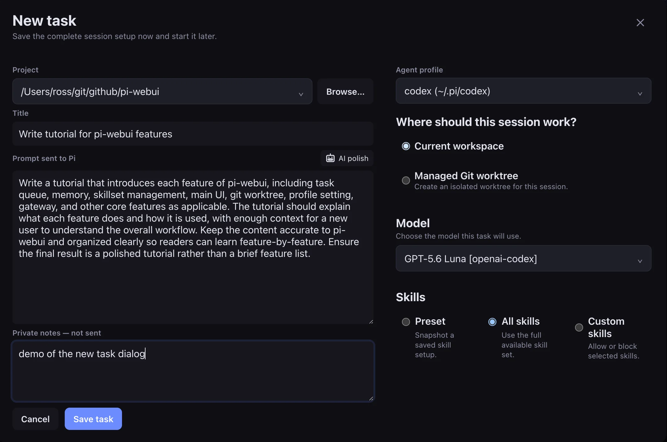 AI-polished task prompt in Pi WebUI