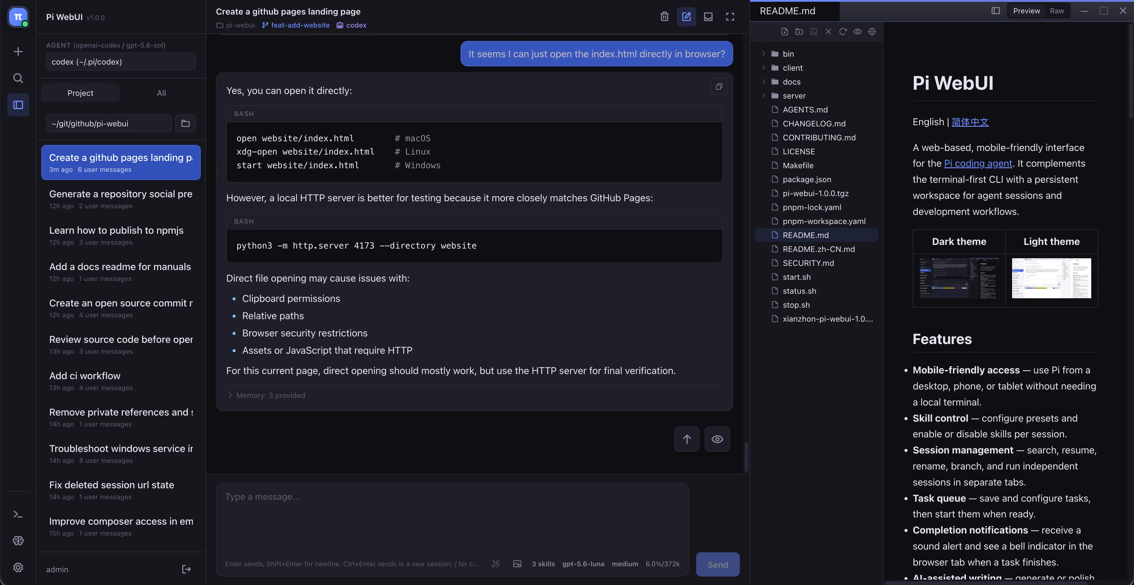 Main Pi WebUI workspace with session list, chat, and editor