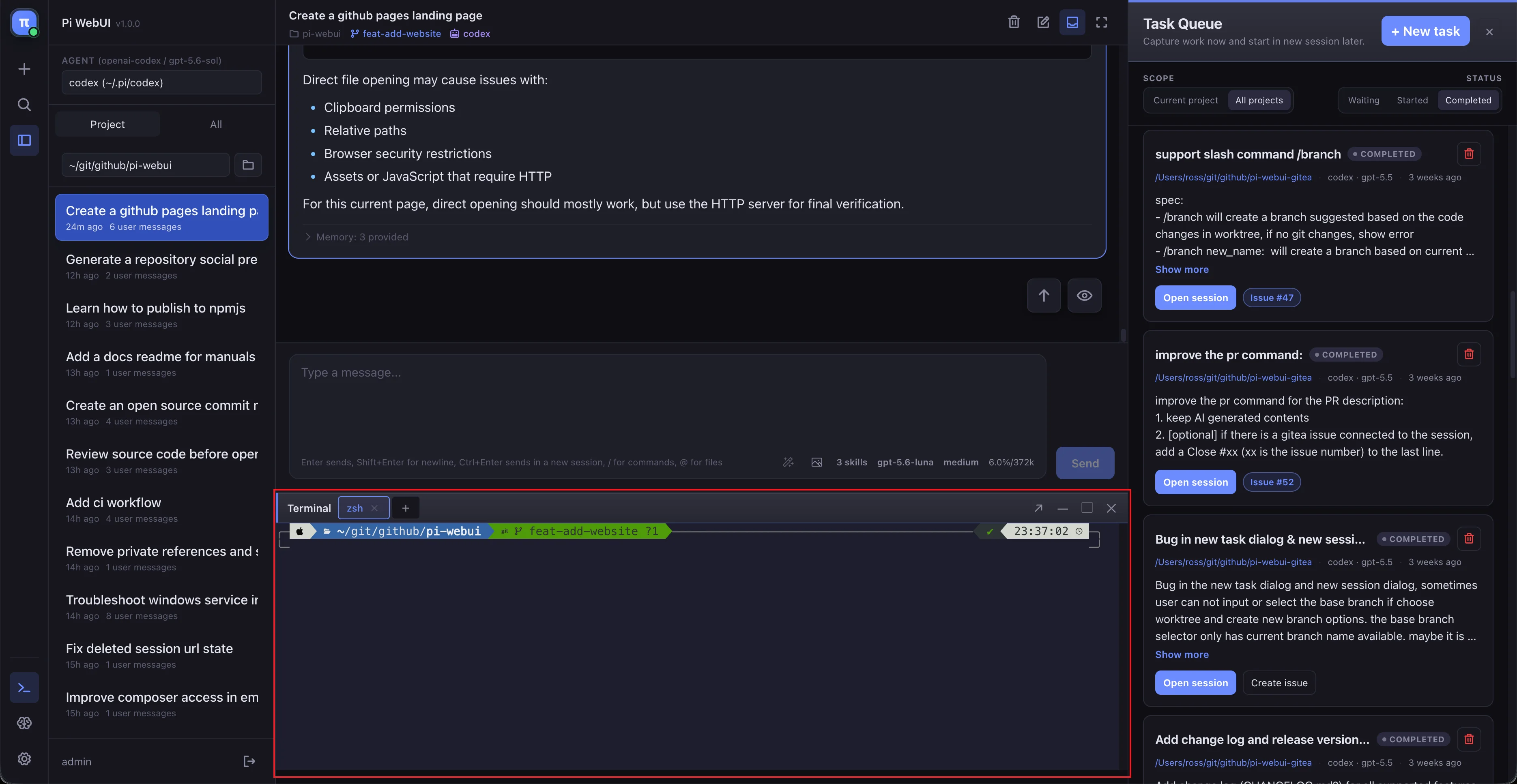 Pi WebUI terminal and editor diff view
